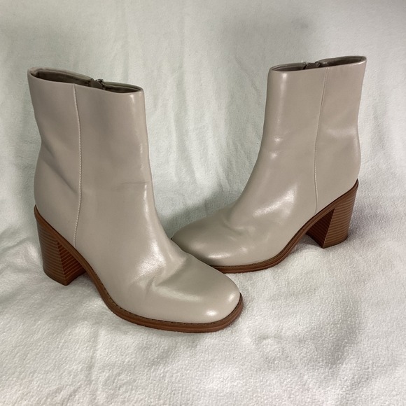Marc Fisher Shoes - Marc Fisher MFLYBIA Beige Leather Square Toe Block Heel Ankle Boots Womens 7.5M